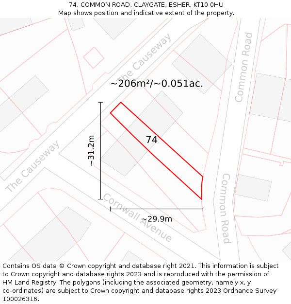 74, COMMON ROAD, CLAYGATE, ESHER, KT10 0HU: Plot and title map