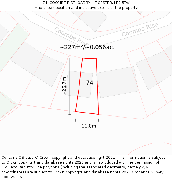 74, COOMBE RISE, OADBY, LEICESTER, LE2 5TW: Plot and title map