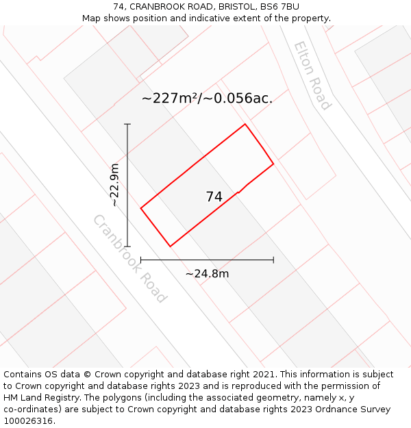 74, CRANBROOK ROAD, BRISTOL, BS6 7BU: Plot and title map