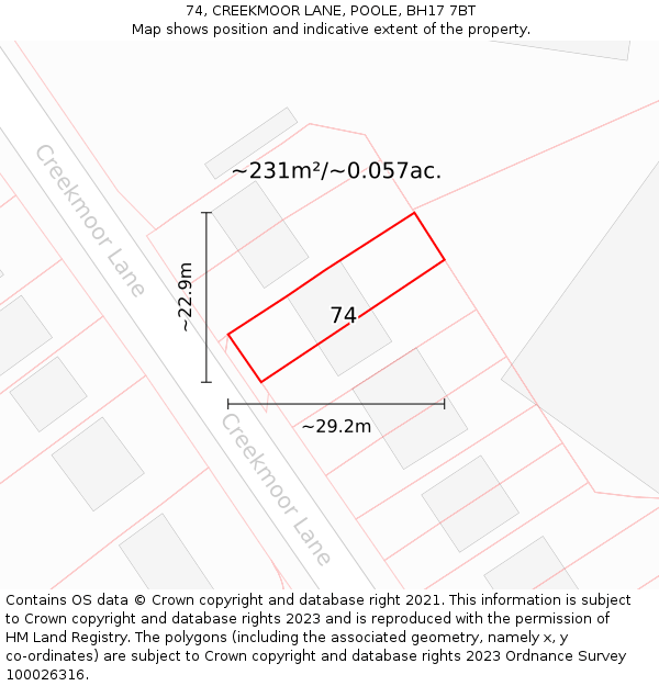 74, CREEKMOOR LANE, POOLE, BH17 7BT: Plot and title map