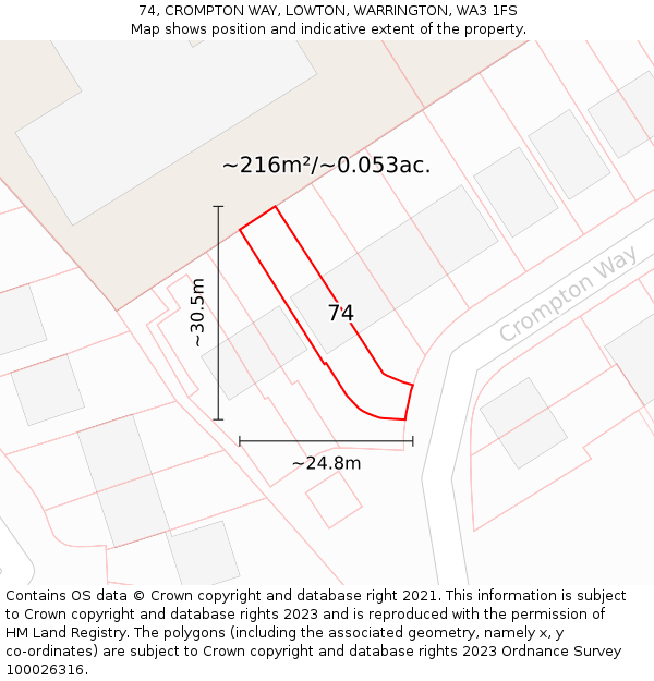 74, CROMPTON WAY, LOWTON, WARRINGTON, WA3 1FS: Plot and title map