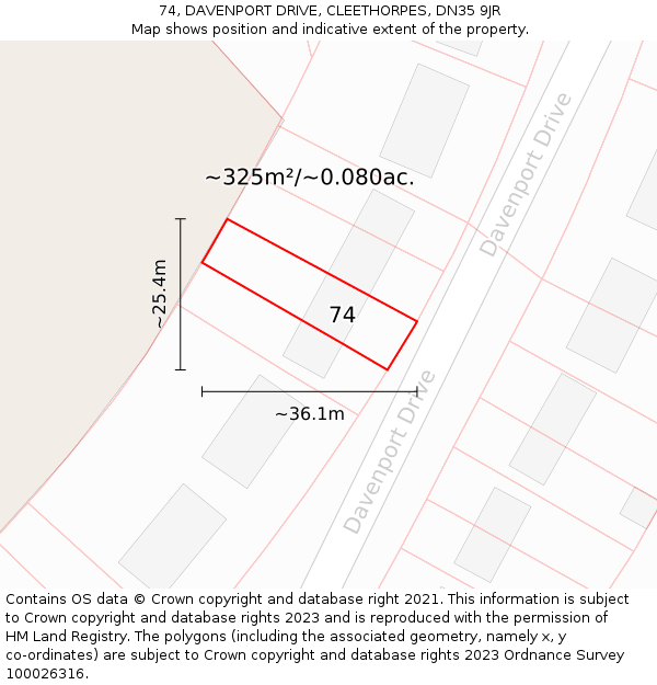 74, DAVENPORT DRIVE, CLEETHORPES, DN35 9JR: Plot and title map