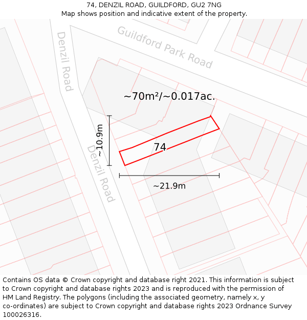 74, DENZIL ROAD, GUILDFORD, GU2 7NG: Plot and title map