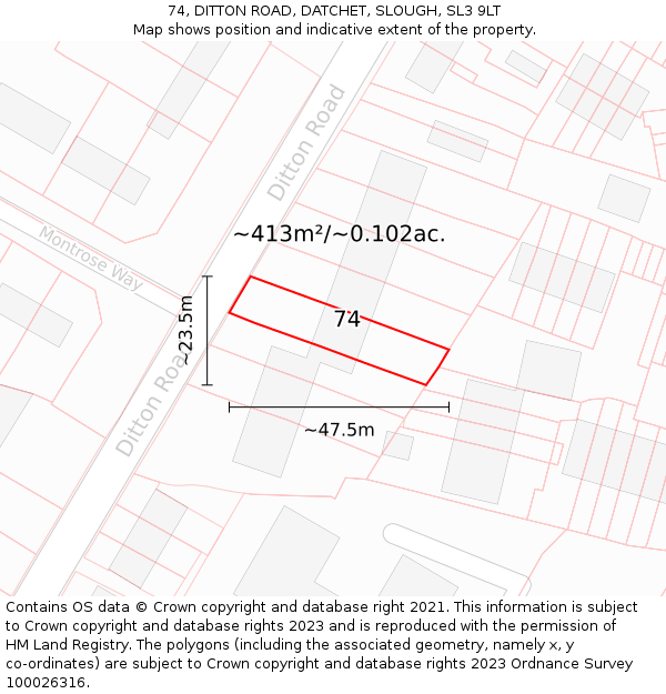 74, DITTON ROAD, DATCHET, SLOUGH, SL3 9LT: Plot and title map