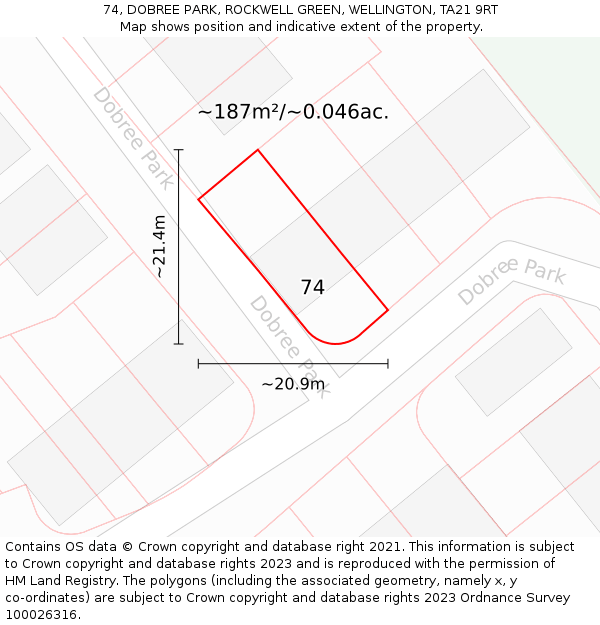 74, DOBREE PARK, ROCKWELL GREEN, WELLINGTON, TA21 9RT: Plot and title map