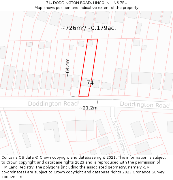 74, DODDINGTON ROAD, LINCOLN, LN6 7EU: Plot and title map