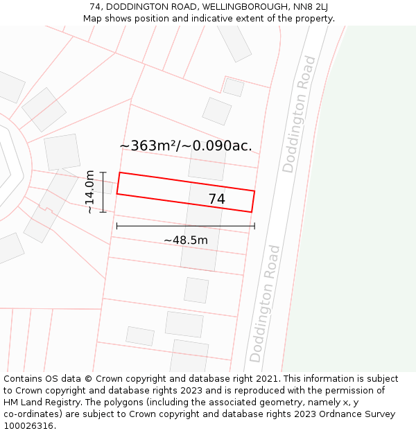 74, DODDINGTON ROAD, WELLINGBOROUGH, NN8 2LJ: Plot and title map