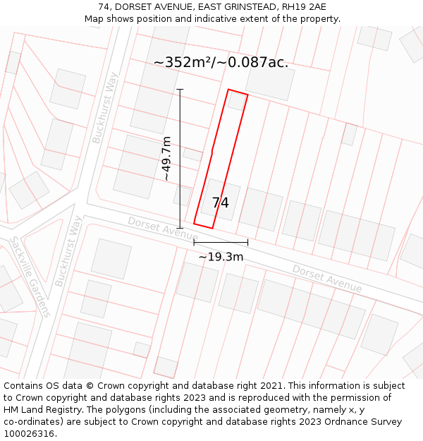 74, DORSET AVENUE, EAST GRINSTEAD, RH19 2AE: Plot and title map