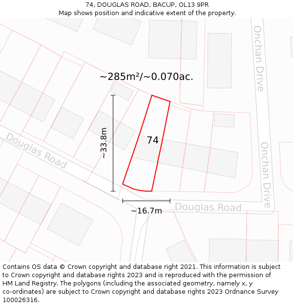 74, DOUGLAS ROAD, BACUP, OL13 9PR: Plot and title map