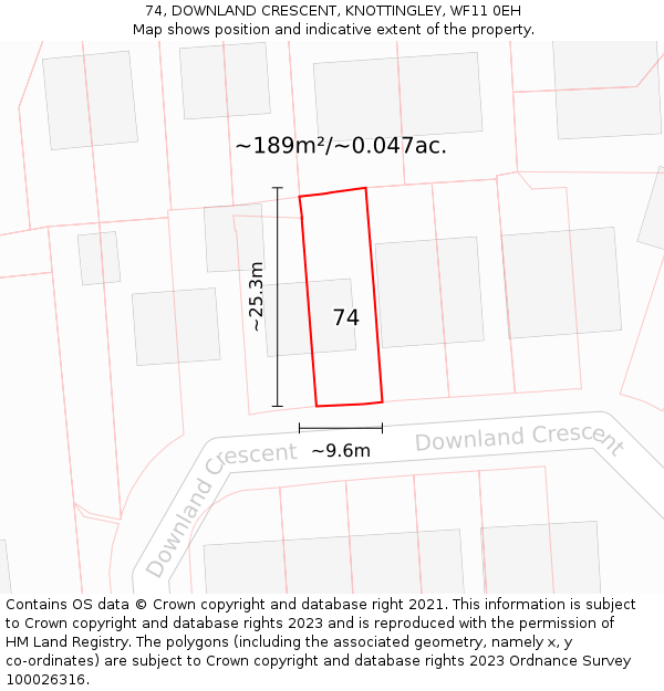 74, DOWNLAND CRESCENT, KNOTTINGLEY, WF11 0EH: Plot and title map