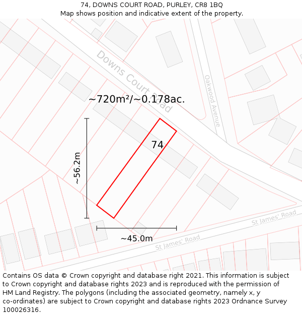 74, DOWNS COURT ROAD, PURLEY, CR8 1BQ: Plot and title map