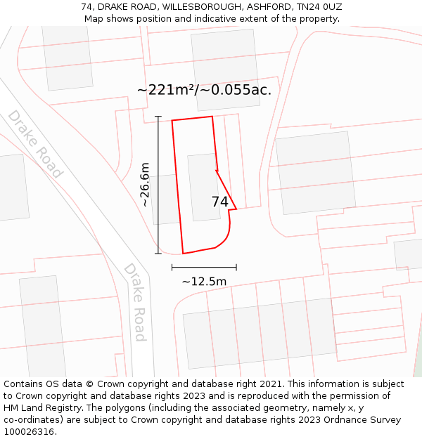 74, DRAKE ROAD, WILLESBOROUGH, ASHFORD, TN24 0UZ: Plot and title map