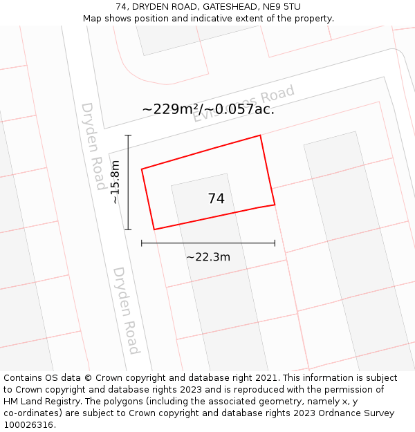 74, DRYDEN ROAD, GATESHEAD, NE9 5TU: Plot and title map