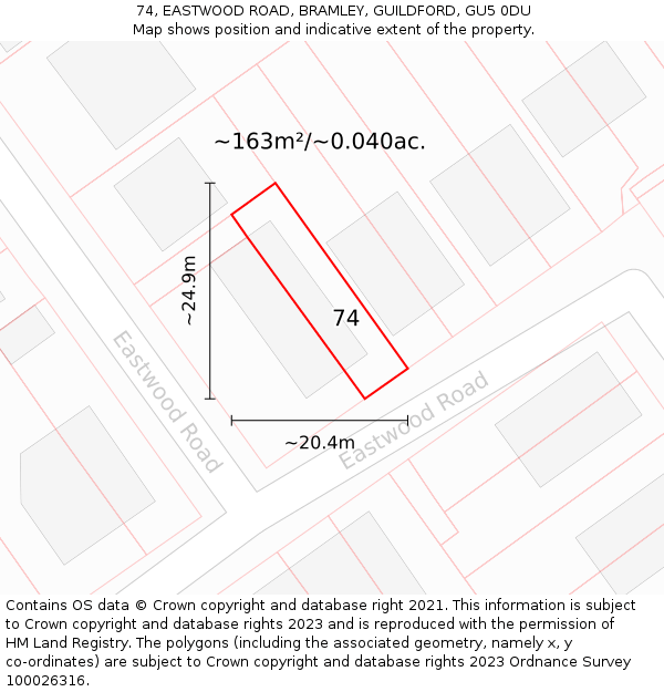 74, EASTWOOD ROAD, BRAMLEY, GUILDFORD, GU5 0DU: Plot and title map