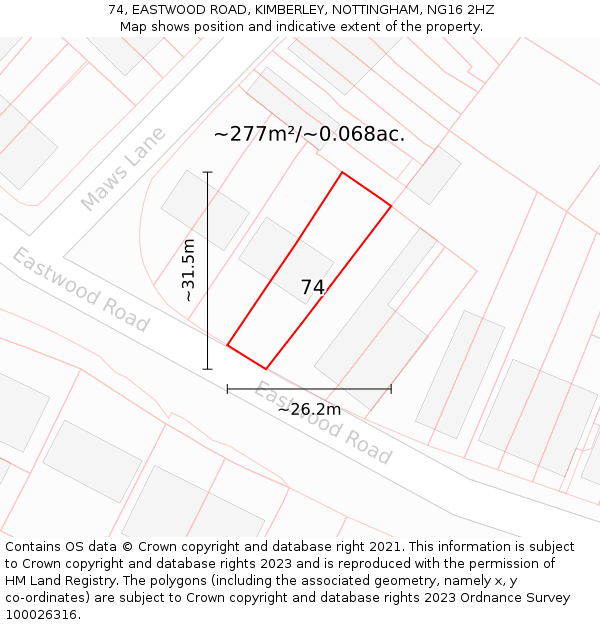 74, EASTWOOD ROAD, KIMBERLEY, NOTTINGHAM, NG16 2HZ: Plot and title map