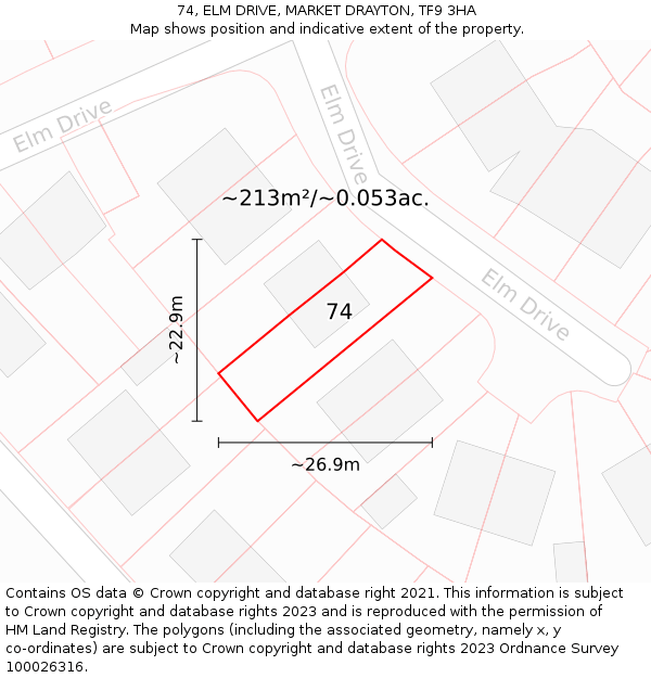 74, ELM DRIVE, MARKET DRAYTON, TF9 3HA: Plot and title map