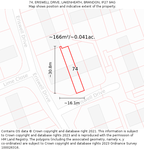 74, ERISWELL DRIVE, LAKENHEATH, BRANDON, IP27 9AG: Plot and title map