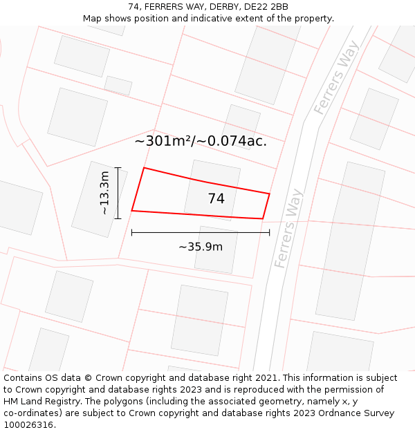 74, FERRERS WAY, DERBY, DE22 2BB: Plot and title map