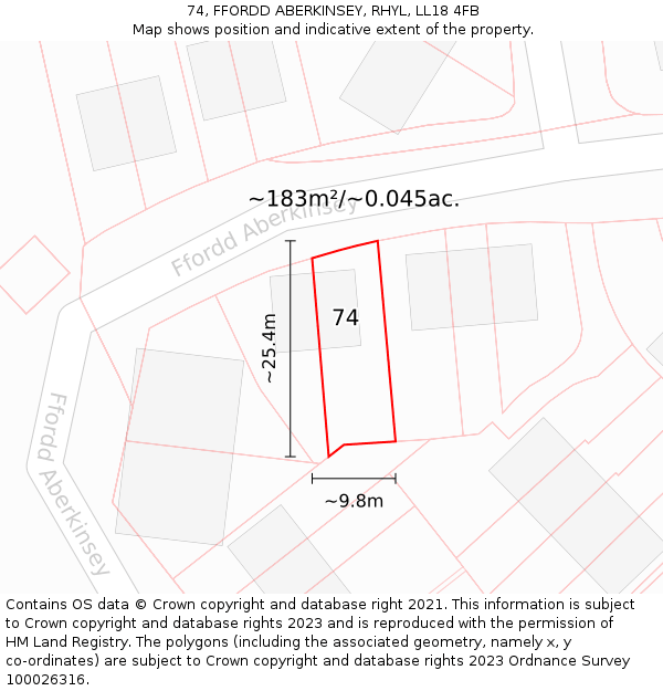 74, FFORDD ABERKINSEY, RHYL, LL18 4FB: Plot and title map