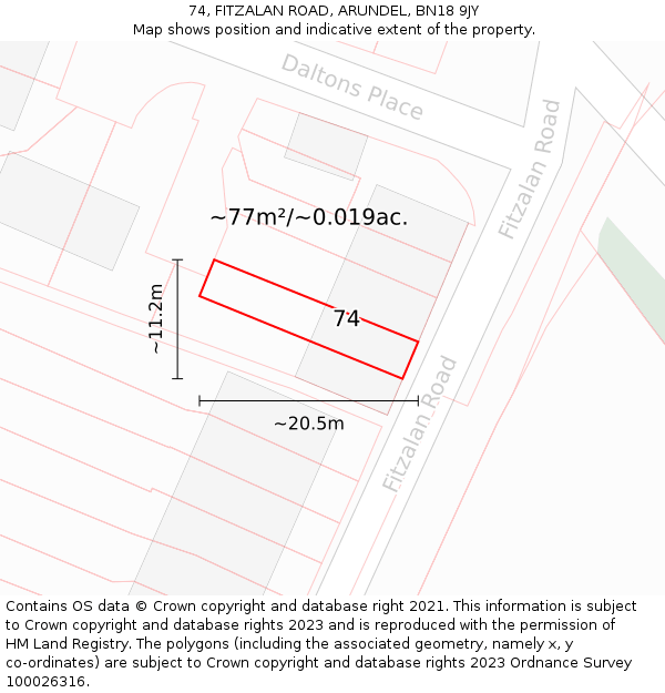 74, FITZALAN ROAD, ARUNDEL, BN18 9JY: Plot and title map