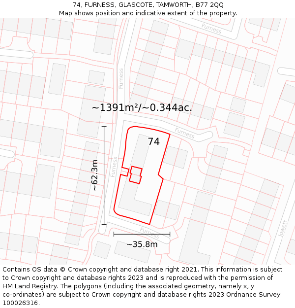 74, FURNESS, GLASCOTE, TAMWORTH, B77 2QQ: Plot and title map