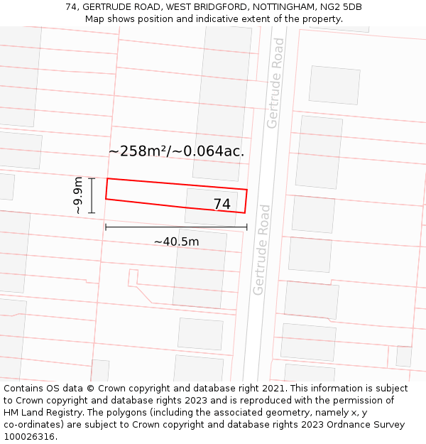 74, GERTRUDE ROAD, WEST BRIDGFORD, NOTTINGHAM, NG2 5DB: Plot and title map