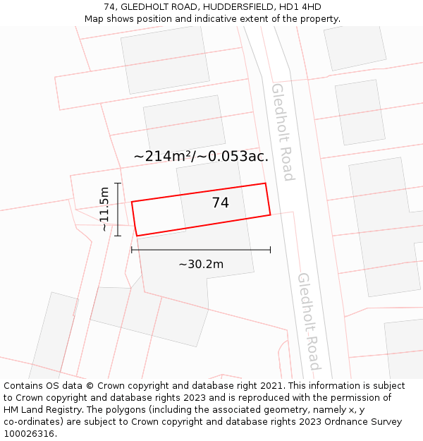 74, GLEDHOLT ROAD, HUDDERSFIELD, HD1 4HD: Plot and title map