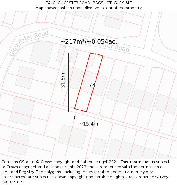 74, GLOUCESTER ROAD, BAGSHOT, GU19 5LT: Plot and title map