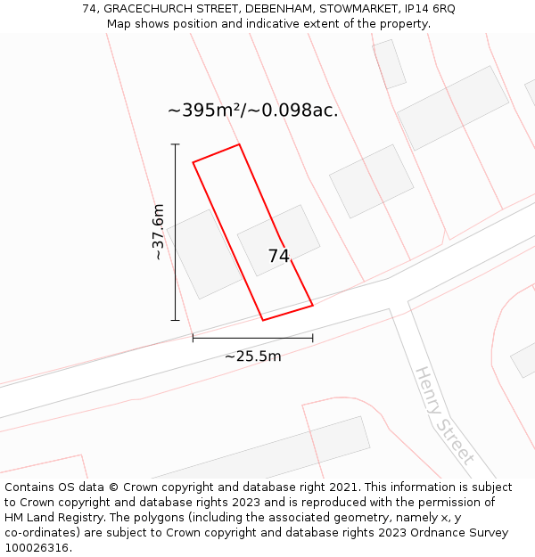 74, GRACECHURCH STREET, DEBENHAM, STOWMARKET, IP14 6RQ: Plot and title map