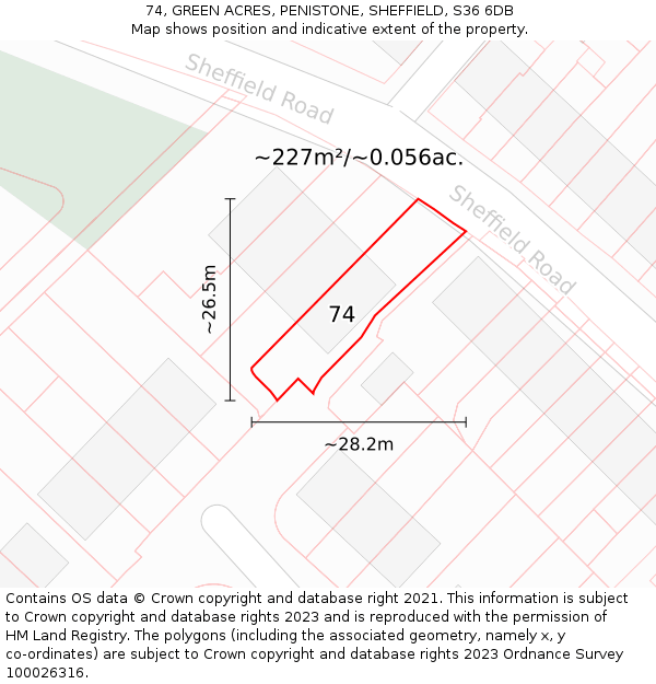 74, GREEN ACRES, PENISTONE, SHEFFIELD, S36 6DB: Plot and title map