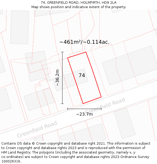 74, GREENFIELD ROAD, HOLMFIRTH, HD9 2LA: Plot and title map