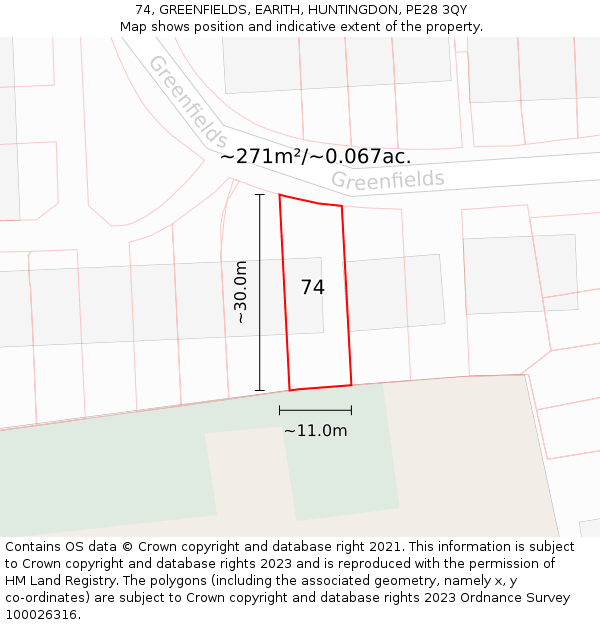 74, GREENFIELDS, EARITH, HUNTINGDON, PE28 3QY: Plot and title map
