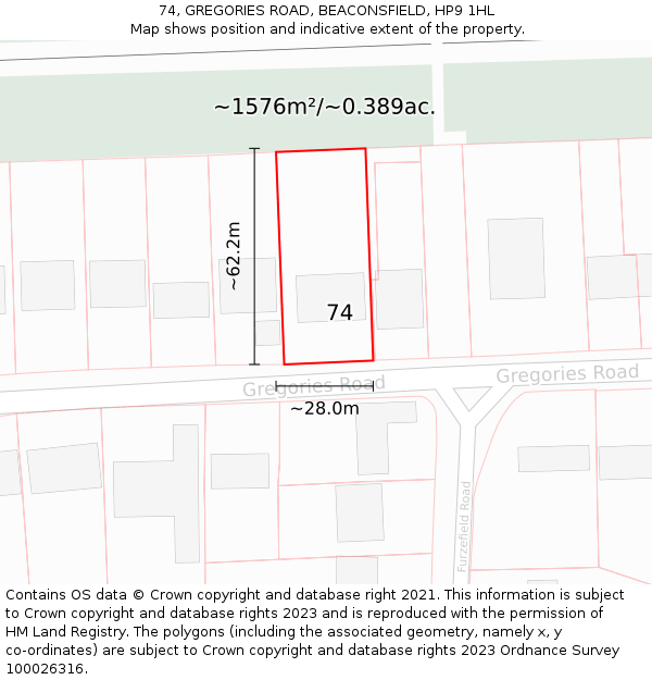 74, GREGORIES ROAD, BEACONSFIELD, HP9 1HL: Plot and title map