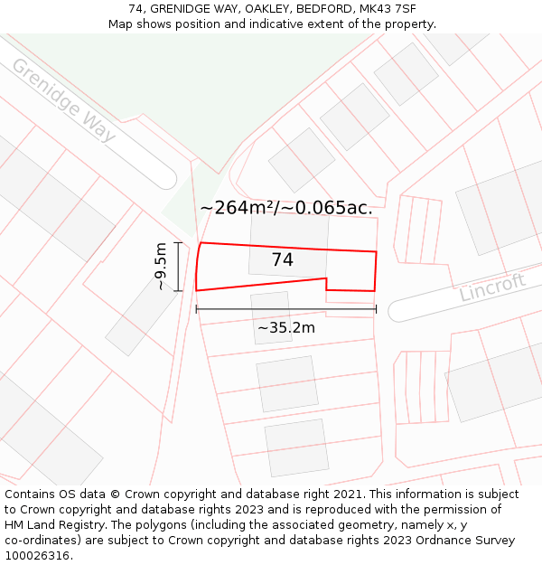 74, GRENIDGE WAY, OAKLEY, BEDFORD, MK43 7SF: Plot and title map