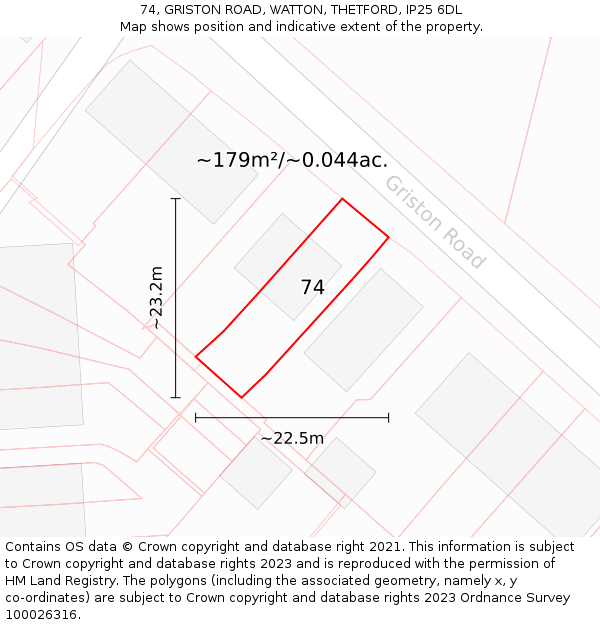 74, GRISTON ROAD, WATTON, THETFORD, IP25 6DL: Plot and title map