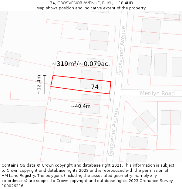 74, GROSVENOR AVENUE, RHYL, LL18 4HB: Plot and title map