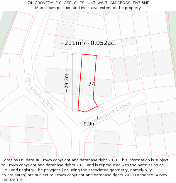 74, GROVEDALE CLOSE, CHESHUNT, WALTHAM CROSS, EN7 5NE: Plot and title map