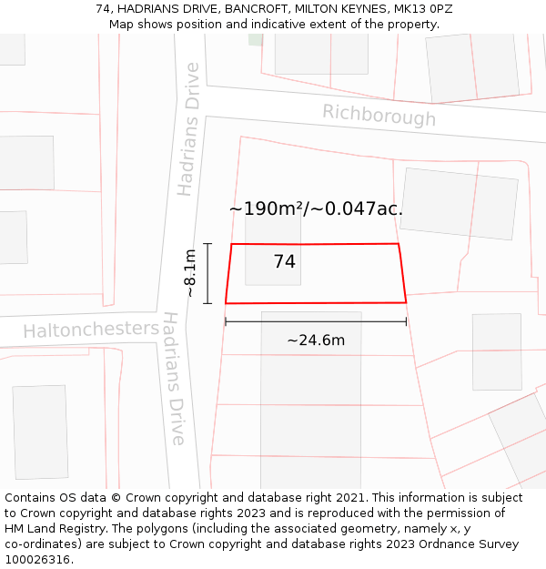 74, HADRIANS DRIVE, BANCROFT, MILTON KEYNES, MK13 0PZ: Plot and title map