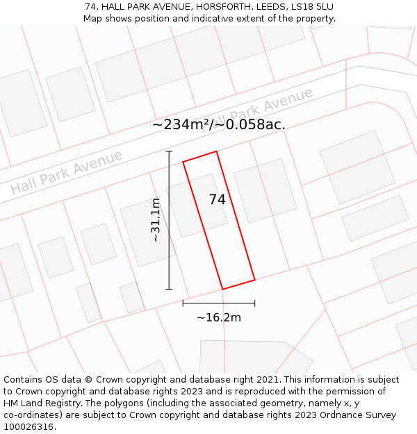 74, HALL PARK AVENUE, HORSFORTH, LEEDS, LS18 5LU: Plot and title map