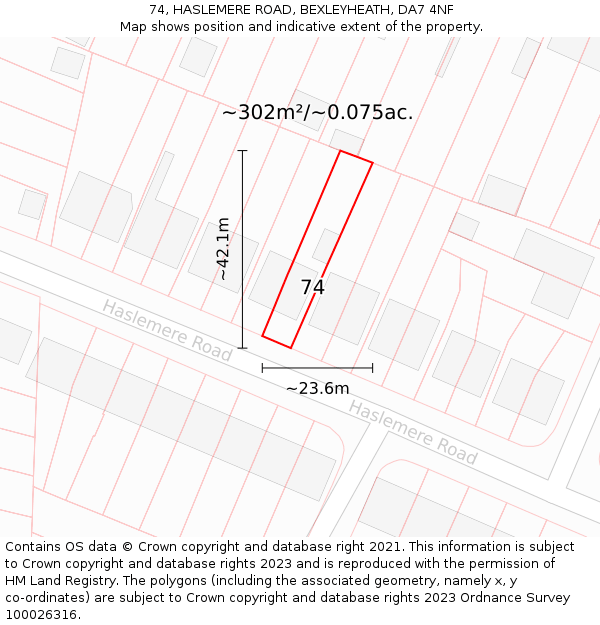 74, HASLEMERE ROAD, BEXLEYHEATH, DA7 4NF: Plot and title map