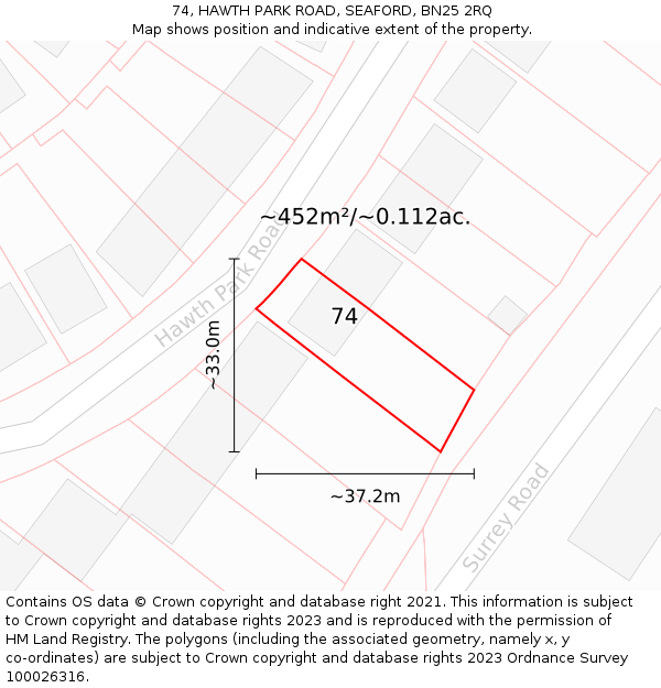 74, HAWTH PARK ROAD, SEAFORD, BN25 2RQ: Plot and title map