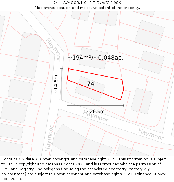 74, HAYMOOR, LICHFIELD, WS14 9SX: Plot and title map