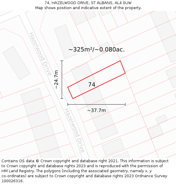 74, HAZELWOOD DRIVE, ST ALBANS, AL4 0UW: Plot and title map