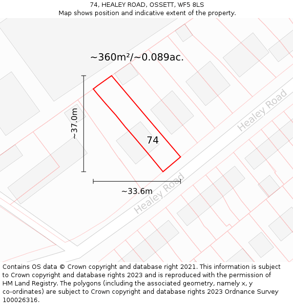 74, HEALEY ROAD, OSSETT, WF5 8LS: Plot and title map