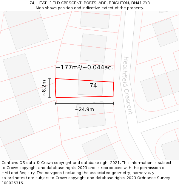74, HEATHFIELD CRESCENT, PORTSLADE, BRIGHTON, BN41 2YR: Plot and title map