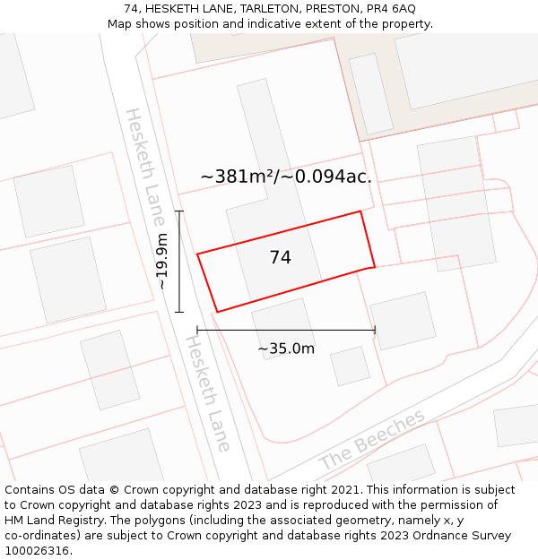 74, HESKETH LANE, TARLETON, PRESTON, PR4 6AQ: Plot and title map