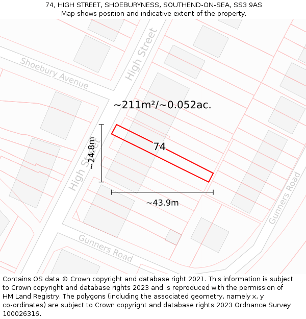 74, HIGH STREET, SHOEBURYNESS, SOUTHEND-ON-SEA, SS3 9AS: Plot and title map