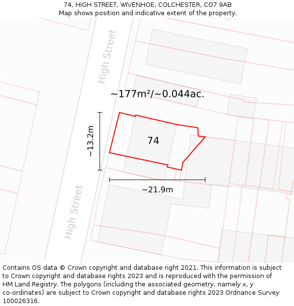 74, HIGH STREET, WIVENHOE, COLCHESTER, CO7 9AB: Plot and title map