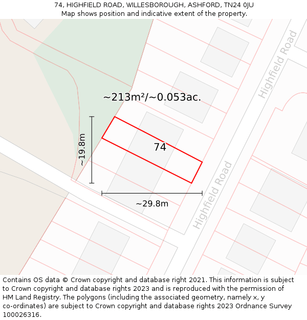 74, HIGHFIELD ROAD, WILLESBOROUGH, ASHFORD, TN24 0JU: Plot and title map