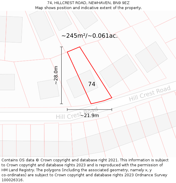 74, HILLCREST ROAD, NEWHAVEN, BN9 9EZ: Plot and title map